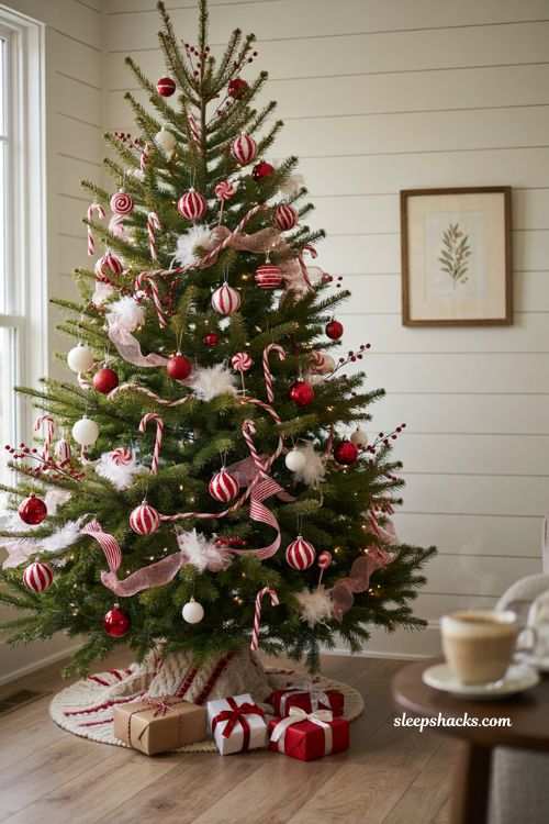Red berry and white pom pom candy cane tree decorations