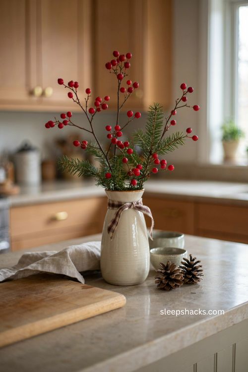 Red berry branches in a tall vase on a neutral Christmas kitchen counter