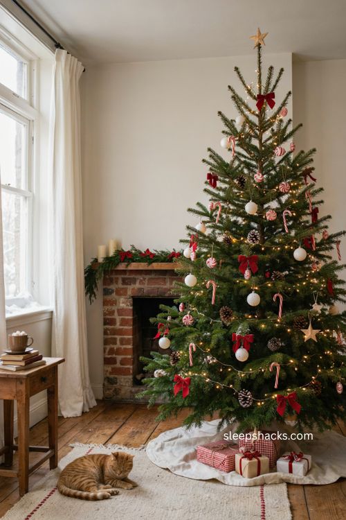 Red bows Christmas tree with candy cane and white ornaments
