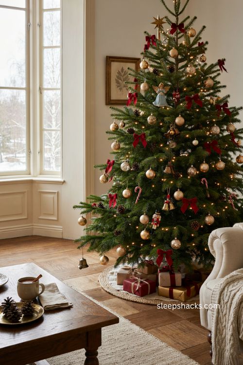 Red bows Christmas tree with gold ornaments and champagne accents