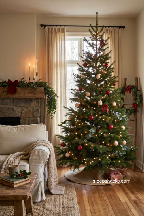Red bows Christmas tree with lush greenery and pinecones