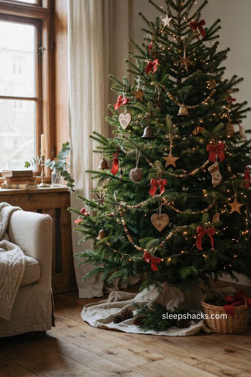 Red bows Christmas tree with natural wood stars and bead garland