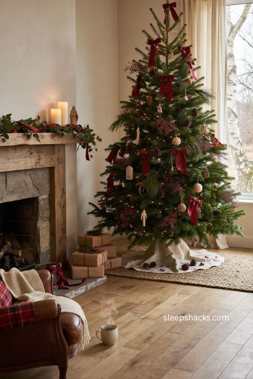 Red bows Christmas tree with pinecones berries and wooden ornaments