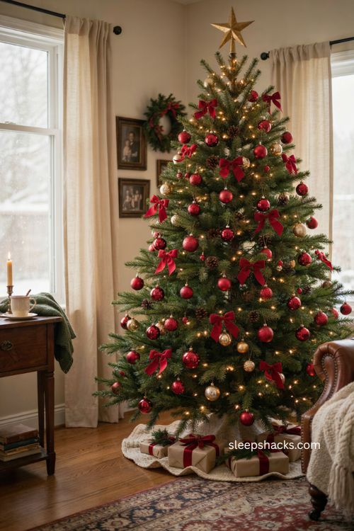 Red bows Christmas tree with traditional red and gold ornaments