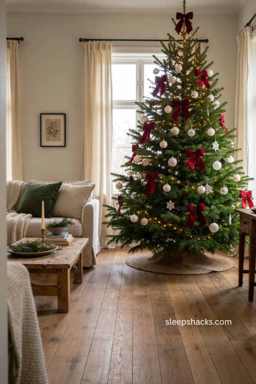 Red bows and white ornaments Christmas tree decor