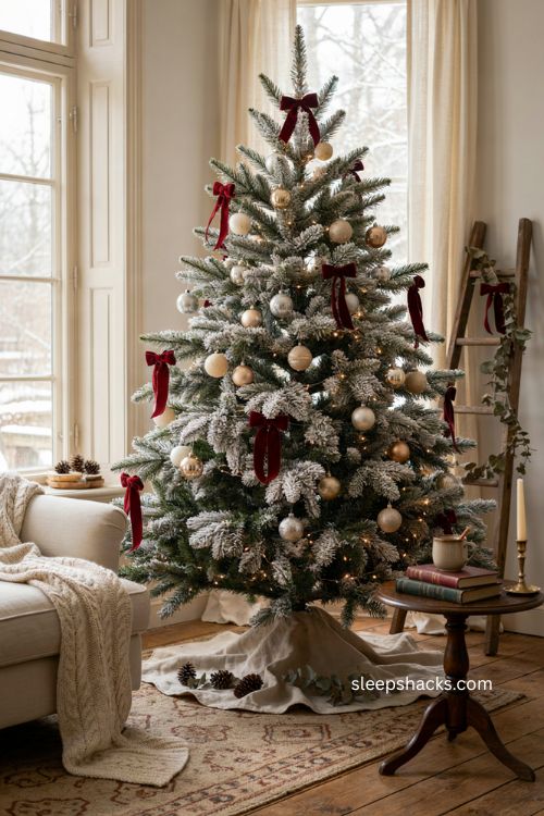 Red bows on flocked Christmas tree with cream and gold ornaments
