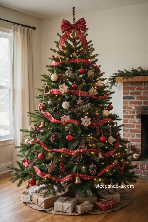 Red plaid bow Christmas tree topper with farmhouse ornaments and pinecones 