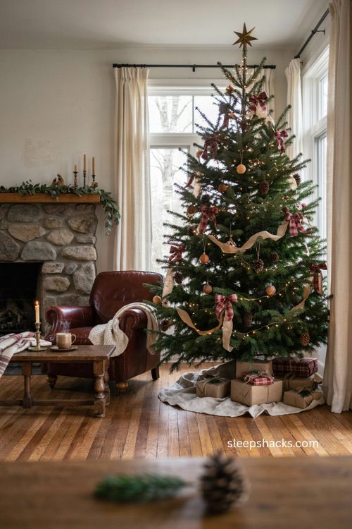 Red plaid bows Christmas tree with pinecones and wooden ornaments