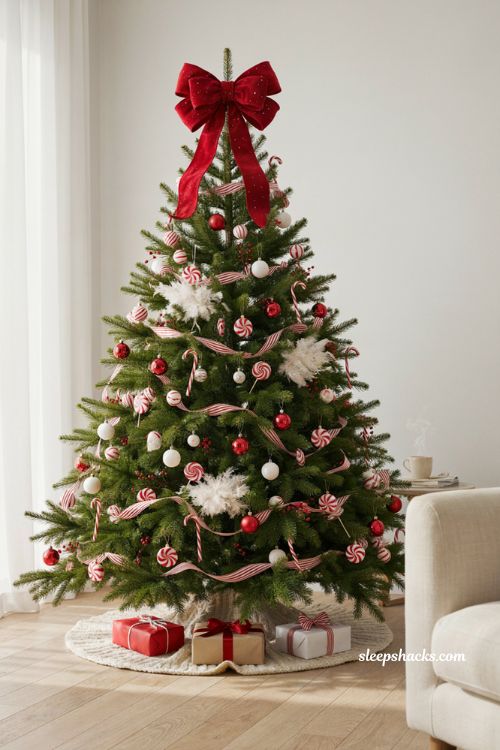 Red velvet bow candy cane Christmas tree topper