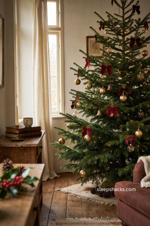 Red velvet bows and gold ornaments on a warm Christmas tree 