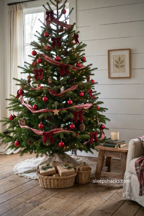 Red velvet bows with plaid ribbon on a cozy farmhouse Christmas tree 