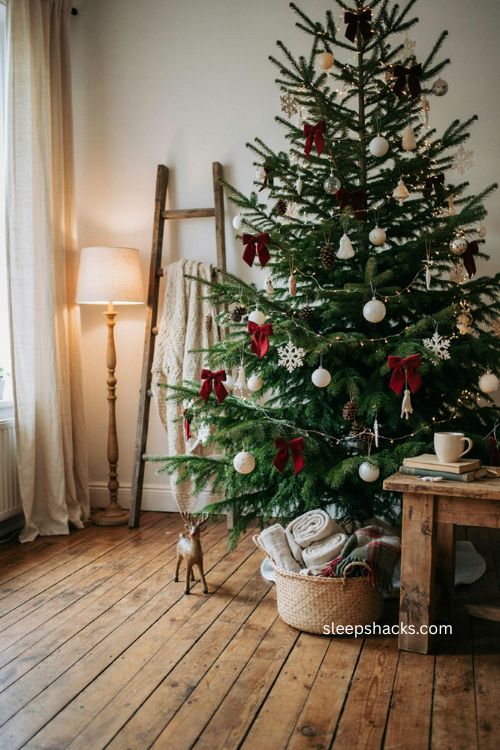 Red velvet bows with white ornaments on a cozy Christmas tree 
