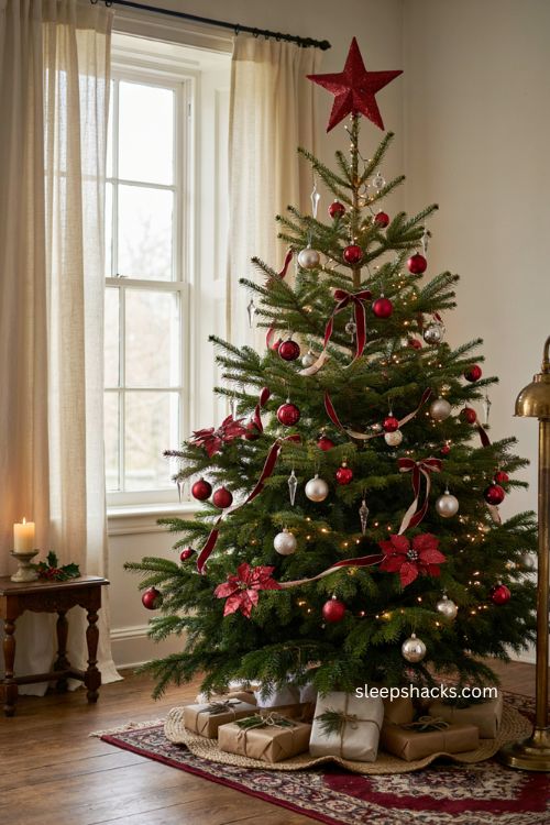 Red velvet glitter star topper on a red and silver Christmas tree 