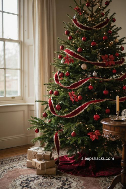 Red velvet ribbon Christmas tree with silver trim and layered ornaments 