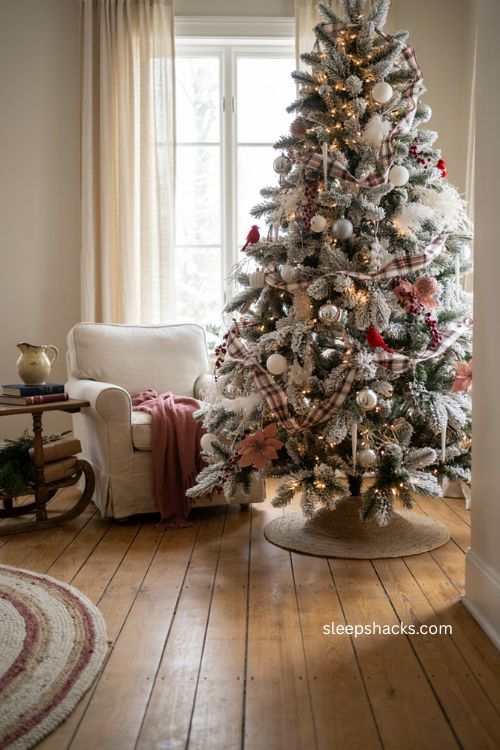 Red white and black tartan plaid ribbon on a white Christmas tree with silver ornaments 