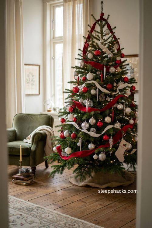 Red white and silver Christmas tree with classic festive ornaments and cozy winter decor 