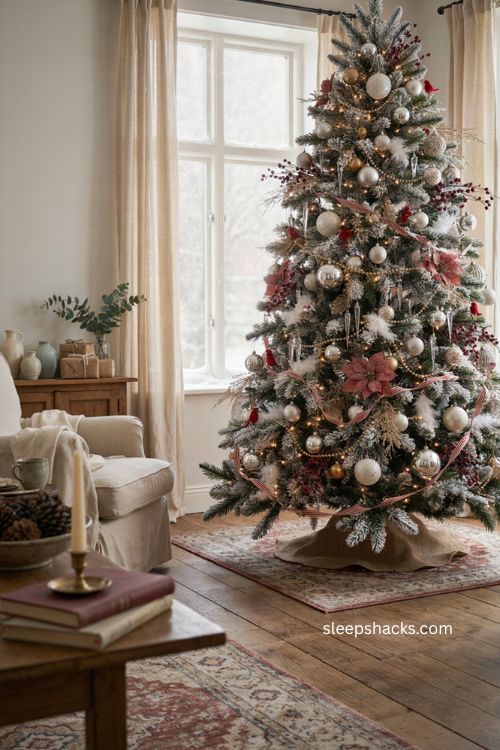 Red white and silver Christmas tree with subtle gold accents and elegant winter decor 