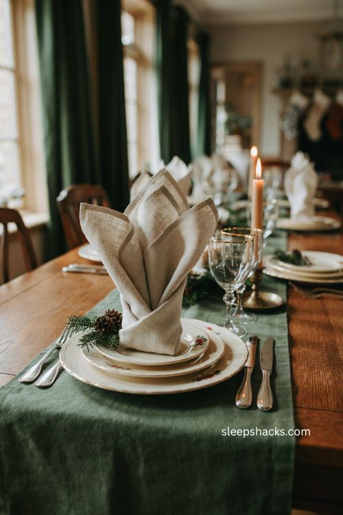 Regal crown napkin folding idea for a formal Christmas dinner table