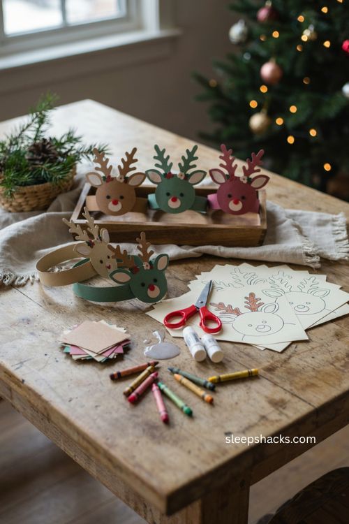 Reindeer crown Christmas craft with printable paper antlers and festive holiday activity