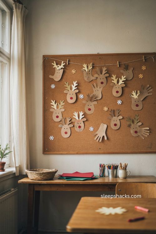 Reindeer name tag display Christmas bulletin board ideas for a cozy classroom 