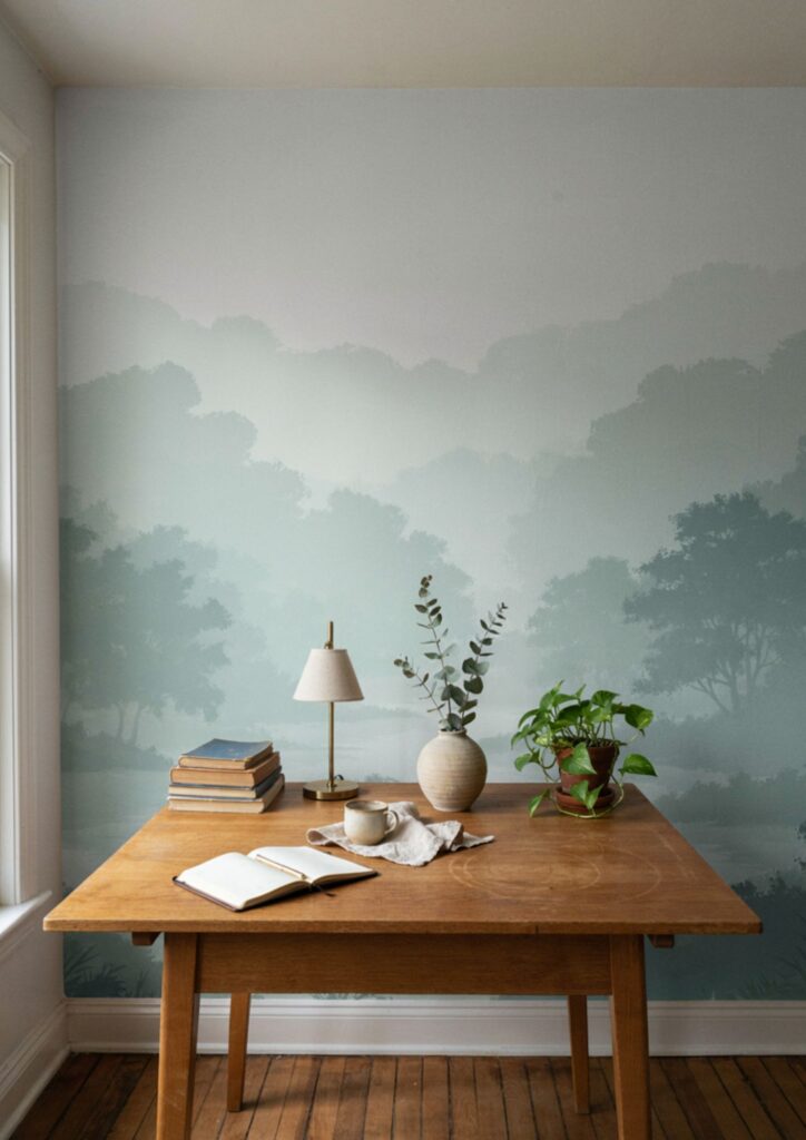 Removable forest mural wallpaper behind desk in a cozy home office