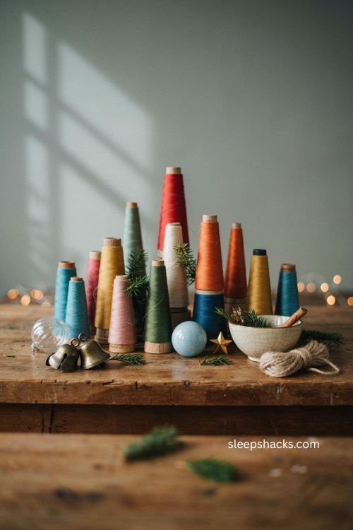 Repurposed colorful thread spools as vintage Christmas mini trees 