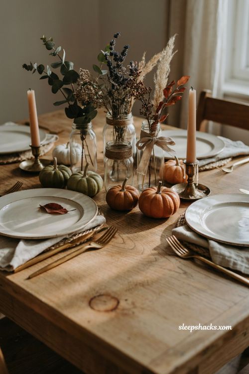 Repurposed glass jars as vases for cheap Thanksgiving table decor with greenery and dried flowers 