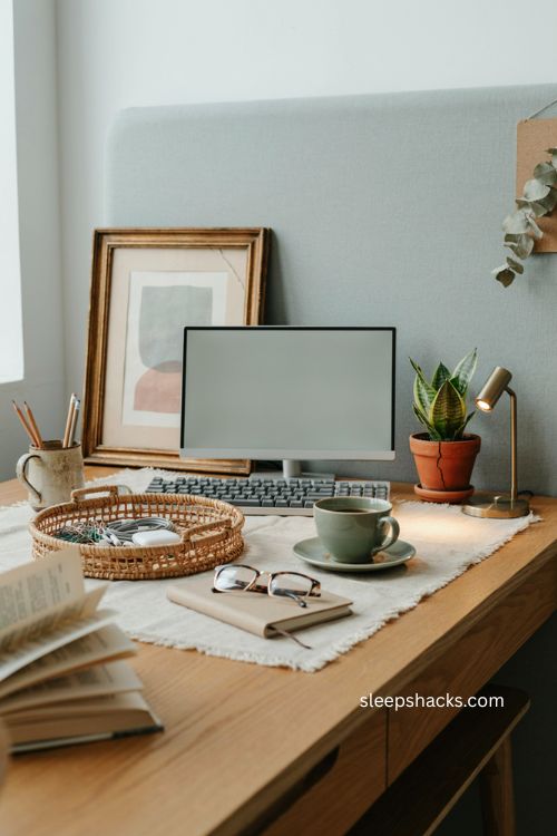 Repurposed household items for a cozy budget friendly cubicle workspace