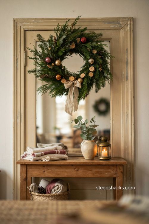 Repurposed ornament Christmas swag with evergreen branches ribbon and vintage decorations