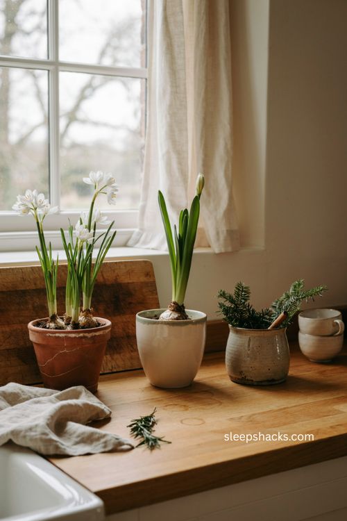 Repurposed planters with paperwhites and amaryllis Christmas kitchen decor 