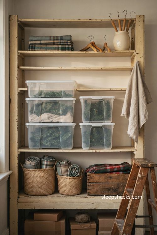 Repurposed plastic bins for Christmas tree storage and organization 