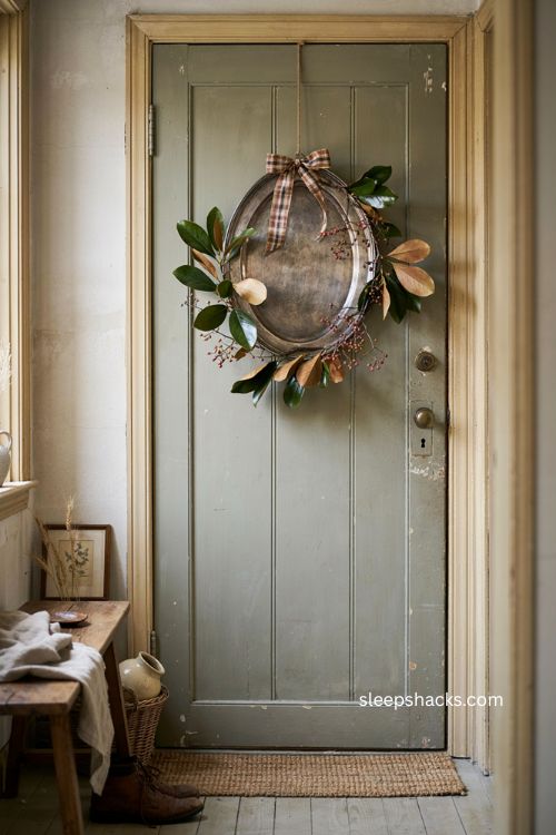 Repurposed silver tray fall thanksgiving wreath with magnolia leaves bittersweet and plaid ribbon 