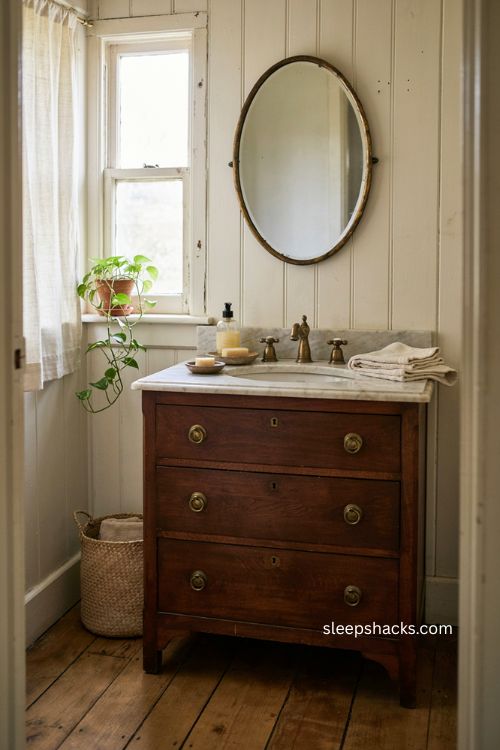 Repurposed small dresser vanity for a rustic bathroom