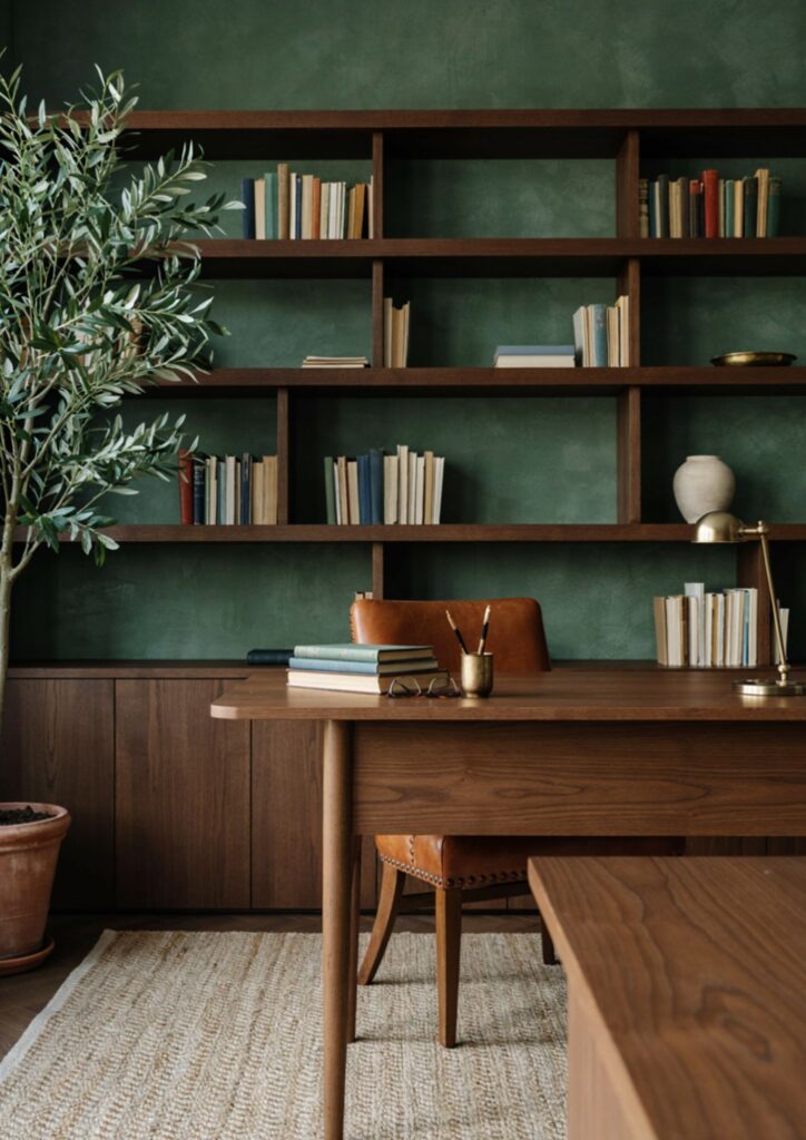 Restrained forest green walnut and brass palette in a refined mens home office 