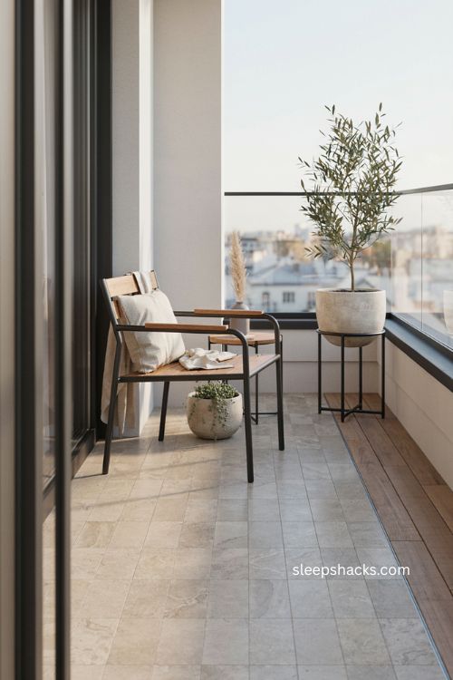 Restrained material palette modern balcony ideas with wood black metal and stone