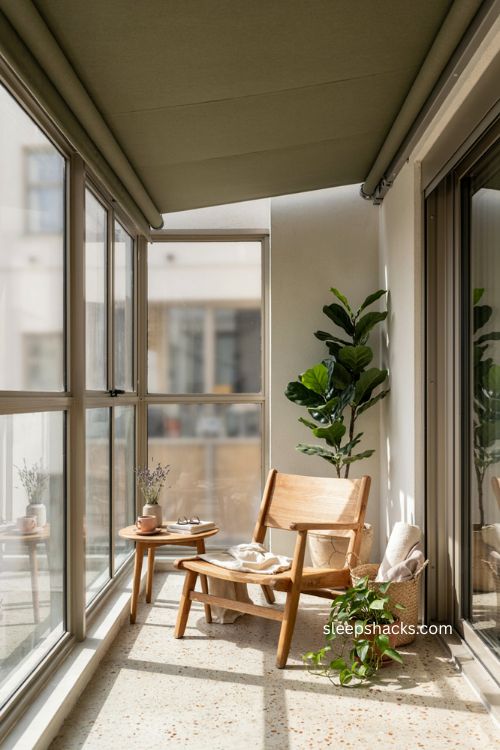 Retractable awning setup for flexible shade on a cozy enclosed balcony