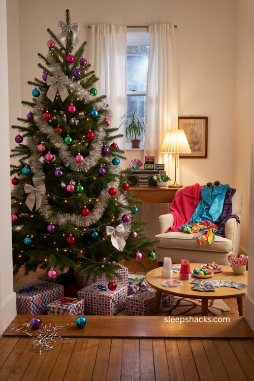 Retro 80s 90s Christmas party decor with neon tinsel 