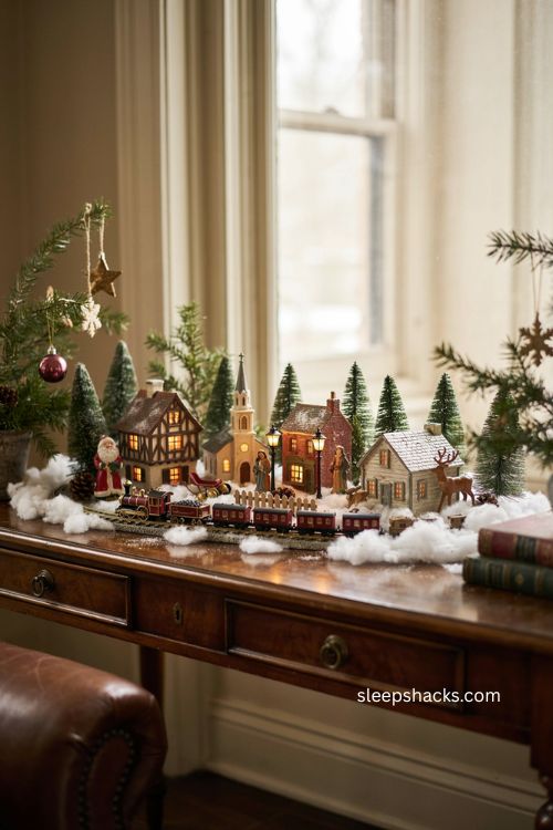 Retro Christmas village display with glowing miniature houses vintage train and snowy holiday decor 