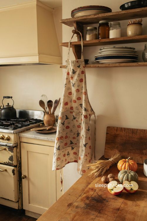 Retro Halloween apron hung on a wooden peg in a cozy vintage kitchen 