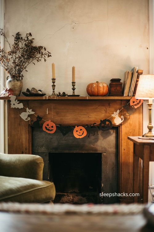 Retro Halloween garland with bats cats and jack o lanterns on a vintage mantel 