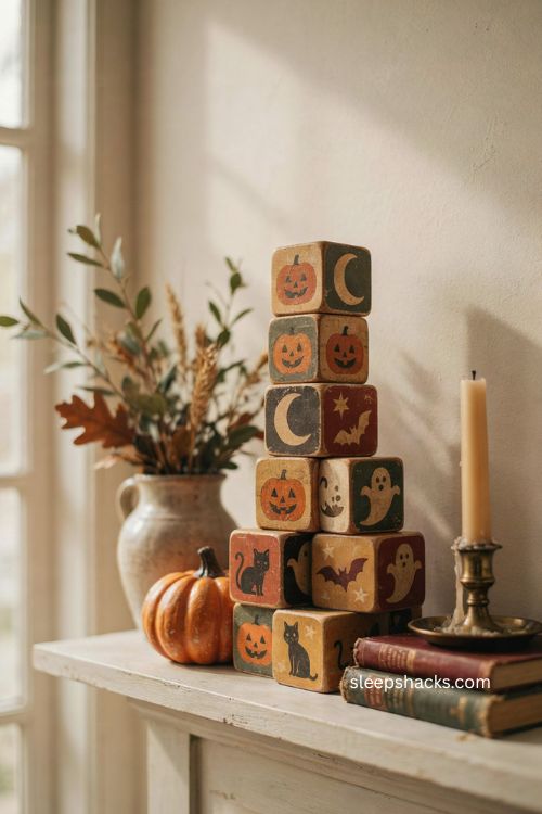 Retro Halloween wood block set with vintage images on a cozy farmhouse mantel 