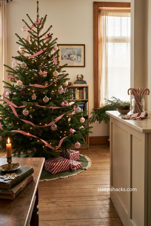 Retro candy cane striped Christmas tree with vintage ornaments and nostalgic holiday decor 