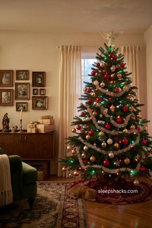 Retro multicolor Christmas tree with vintage ornaments and tinsel