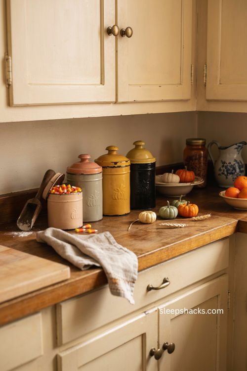 Retro tin canisters for cozy vintage Halloween kitchen decor 