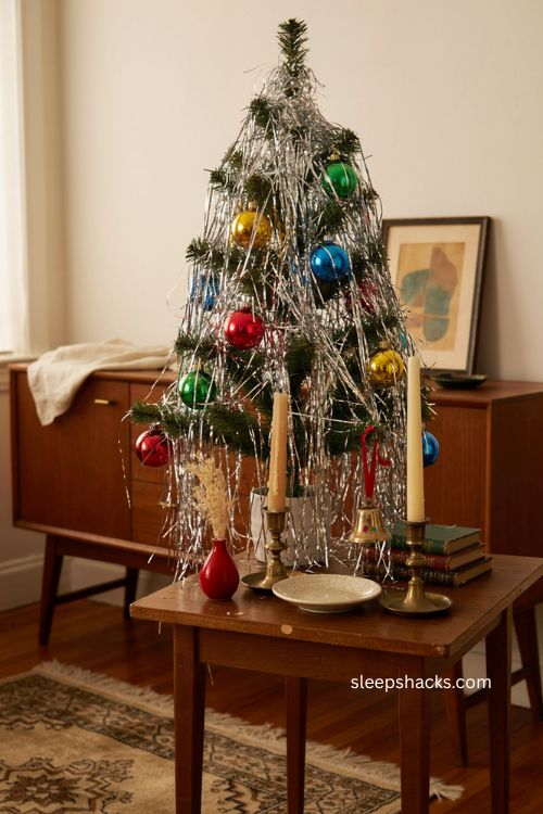 Retro tinsel Christmas tree with colorful oversized vintage bulb lights