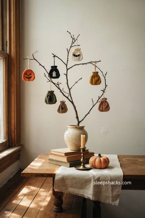 Retro trick or treat bag ornaments on a vintage Halloween tree 