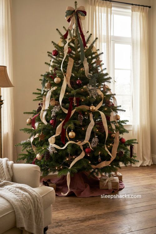 Ribbon loop christmas tree topper ideas using coordinated holiday colors 