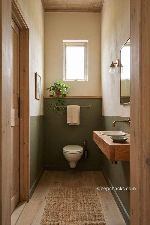 Rich lower wall color ideas for a small toilet room with light upper walls 