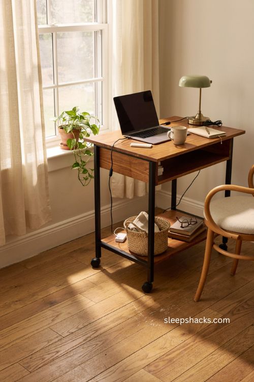 Rolling desk cart on wheels for a flexible home office workspace