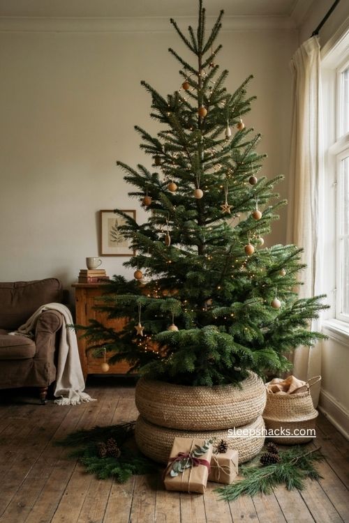 Rope wrapped tire Christmas tree stand with rustic jute texture and cozy farmhouse holiday decor 